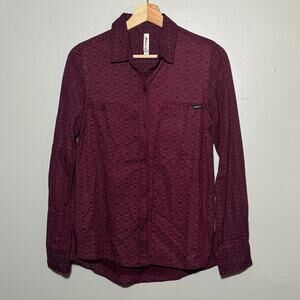 Women's Size S RVCA Trader Shirt Long Sleeve Burgundy Rayon Geometric Button Up